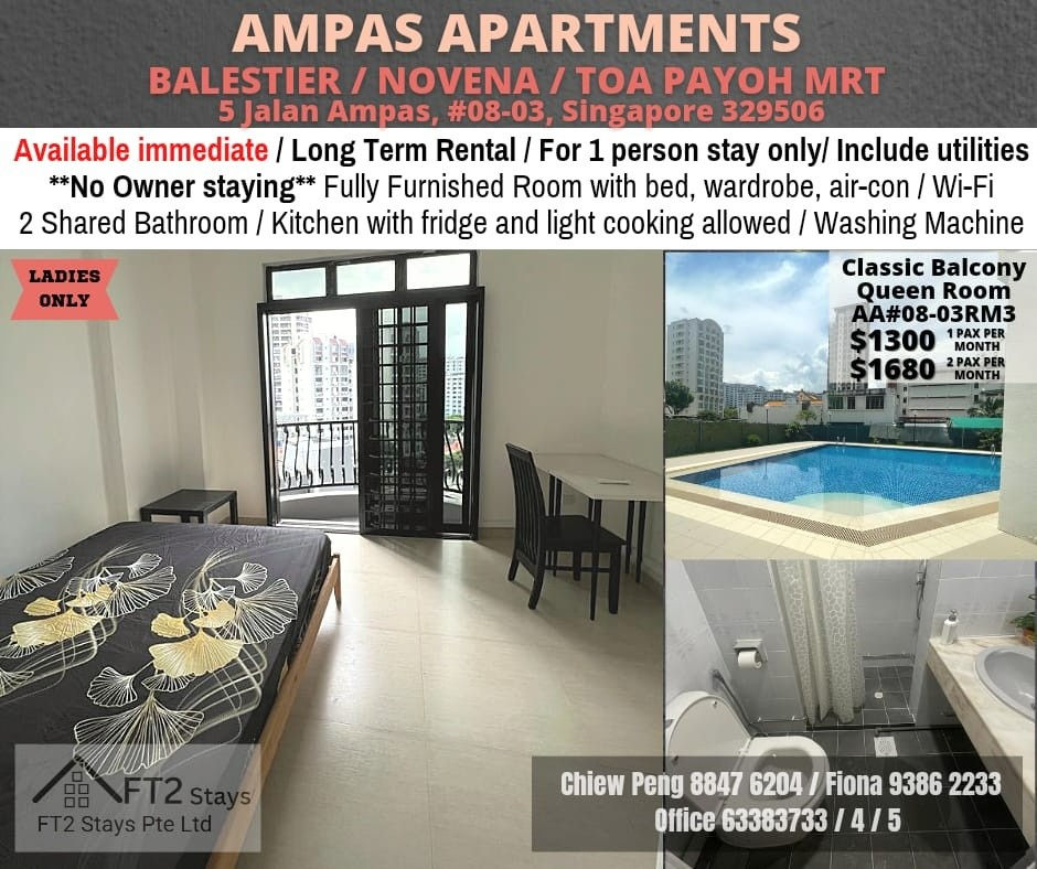 Balestier / Near Toa Payoh, Novena mrt  Available Immediate - Common  Room/1-2 Ladies Stay/No Owner Staying/Fully Furnished with Bed/Wardrobe/WIFI/Air-con/2 Shared Bathrooms/allowed Cooking/ Toa Payoh - Homates Singapore