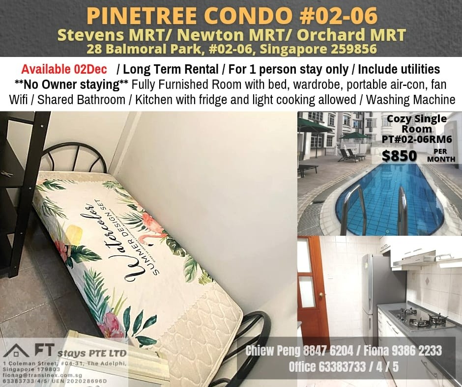 Available 02 Dec - Common Room/Strictly Single Occupancy/no Owner Staying/Wifi/Aircon/No Agent Fee/Cooking allowed/Near Stevens MRT/Newtons MRT/Orchard MRT - Orchard 乌节路 - 分租房间 - Homates 新加坡