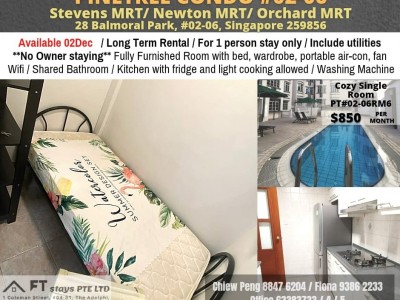 Available 02 Dec - Common Room/Strictly Single Occupancy/no Owner Staying/Wifi/Aircon/No Agent Fee/Cooking allowed/Near Stevens MRT/Newtons MRT/Orchard MRT - 28 Balmoral Park, Singapore 259856