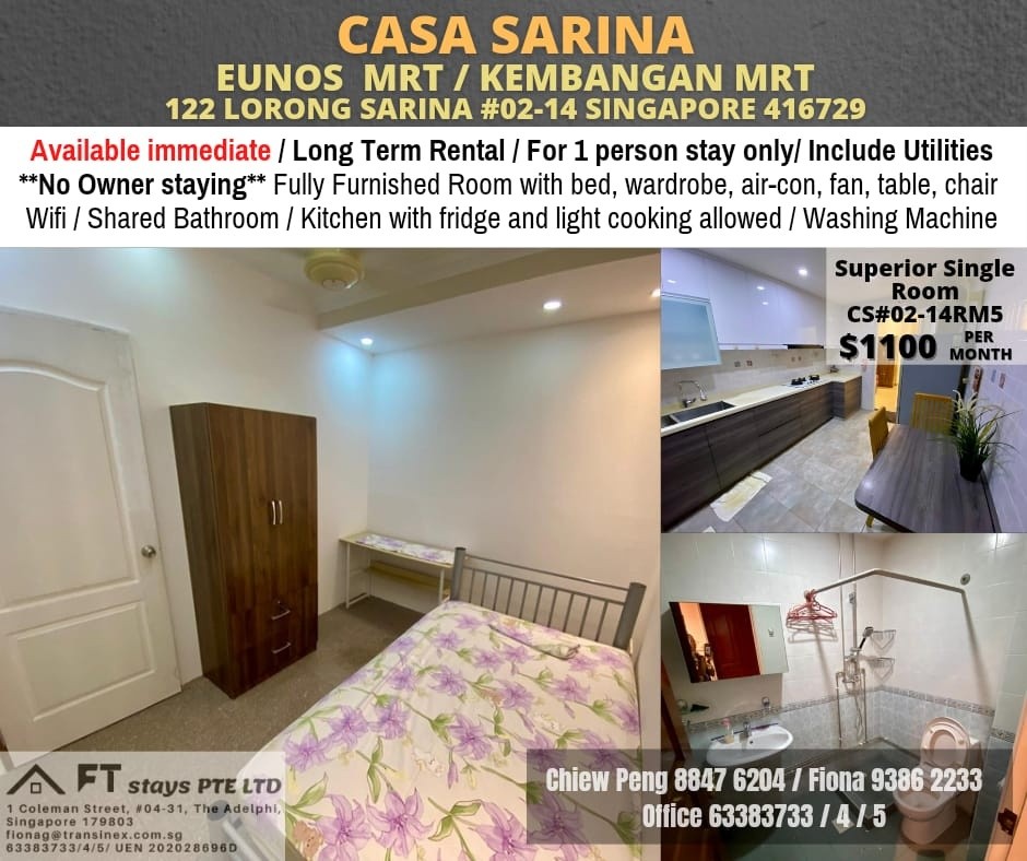 Kembangan MRT | Eunos mrt /Common Room for rent/ Casa Sarina for 1 Pax | Immediate Available | No Agent Fee - Kembangan - Bedroom - Homates Singapore
