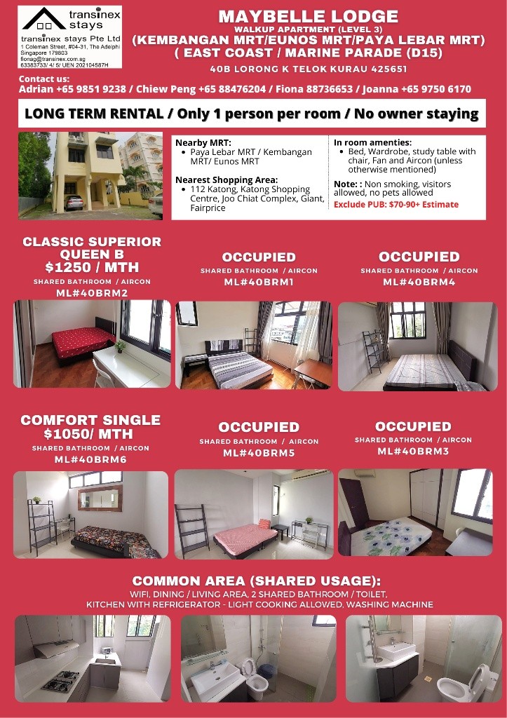 17 Oct Available-Common Room/1 or 2 person stay/ Wifi/No owner staying/No Agent Fee/Cooking allowed/KEMBANGAN MRT / EUNOS MRT / PAYA LEBAR MRT - Lorong Chuan 羅弄泉 - 整個住家 - Homates 新加坡