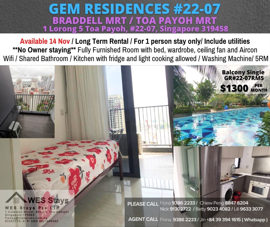 Room for rent / BRADDELL MRT/ TOA PAYOH MRT / Common room / 1pax stay / Available 14 Nov/ GEM RESIDENCES - Toa Payoh 大巴窯 - 整個住家 - Homates 新加坡