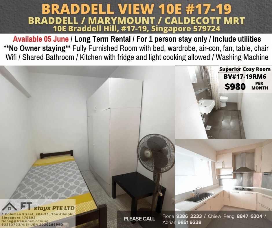Available﻿ 5 June - Common Room/Include Utilities/Wifi/Aircon/No Agent Fee/Light Cooking Allowed/Washing Machine - Braddell 布萊徳 - 分租房間 - Homates 新加坡