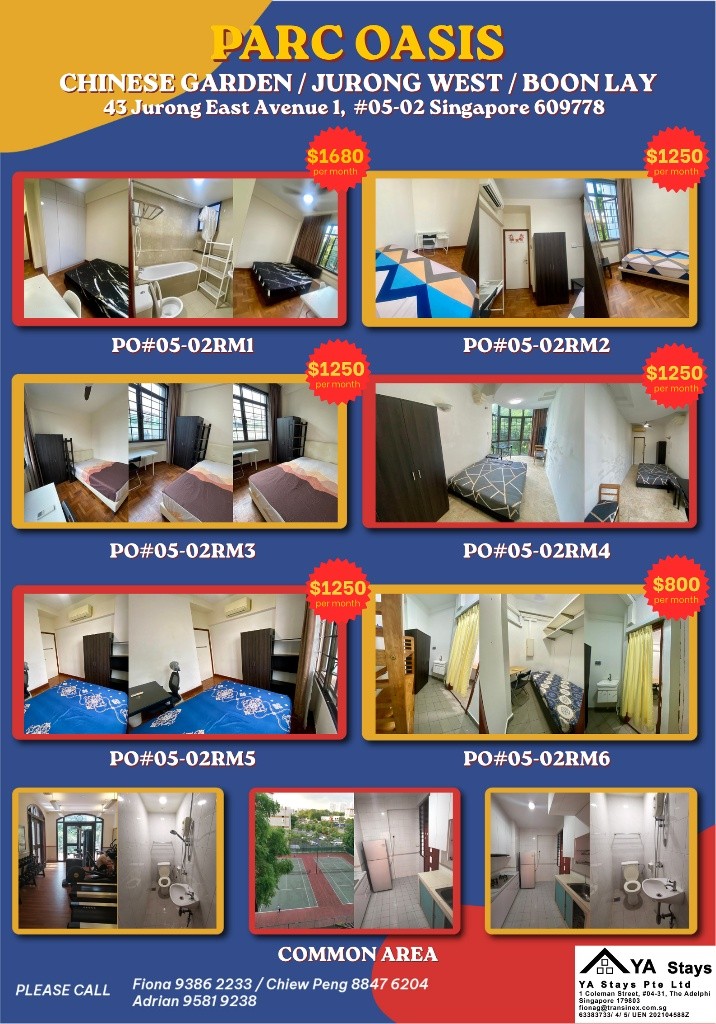 Room For rent/43 JURONG EAST AVENUE 1, PARC OASIS BLK HIBISCUS 60977 Road/commen /for 1pax/2pax Available Immediate  - Toa Payoh 大巴窯 - 整個住家 - Homates 新加坡