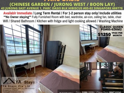 Room for rent / CHINESE GARDEN / JURONG WEST / Common room / 1-2 pax stay / Available Immediately - 43 JURONG EAST AVENUE 1, PARC OASIS BLK HIBISCUS #05-02 SINGAPORE 609778